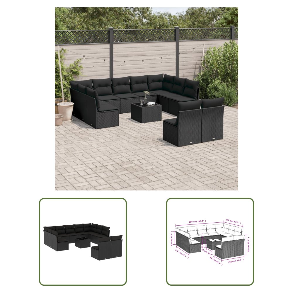 The Living Store 12-cz. zestaw mebli do ogrodu - z poduszkami - czarny - polirattan - Sofa Ogrodowa