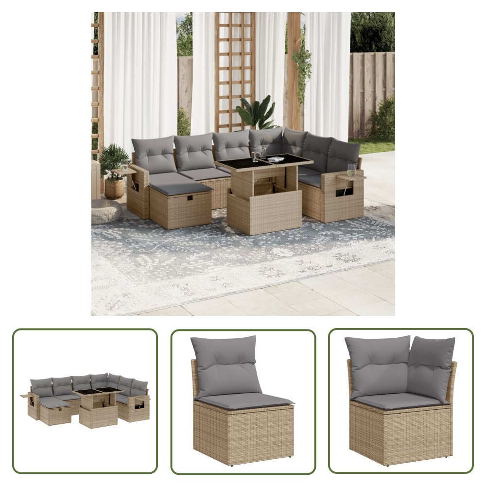 The Living Store 8-cz. zestaw mebli ogrodowych z poduszkami - beżowy - polirattan - Sofa Ogrodowa