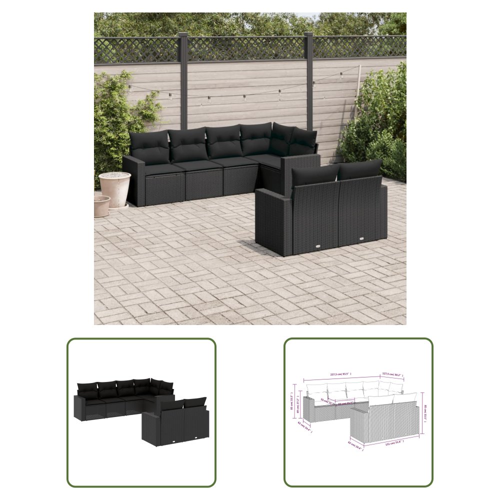 The Living Store 7-cz. zestaw wypoczynkowy do ogrodu - z poduszkami - czarny - Sofa Ogrodowa