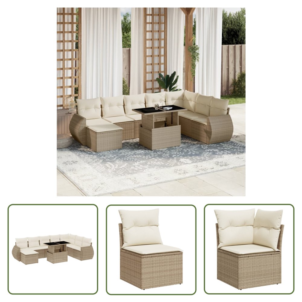 The Living Store 9-cz. zestaw mebli ogrodowych z poduszkami - beżowy - polirattan - Sofa Ogrodowa