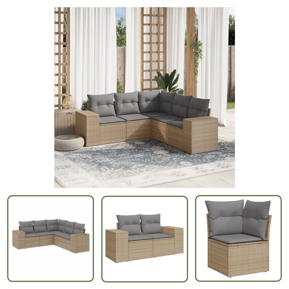 The Living Store 5-cz. zestaw mebli ogrodowych z poduszkami - beżowy - polirattan - Sofa Ogrodowa