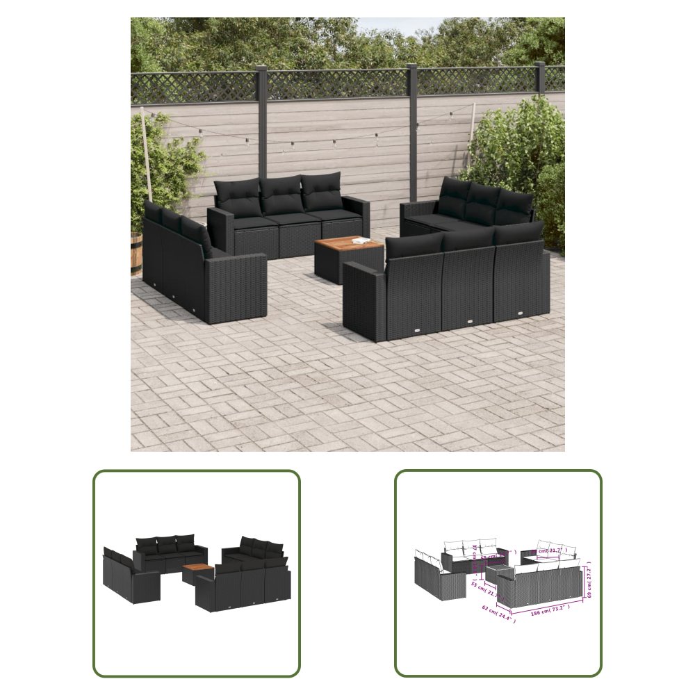 The Living Store 13-cz. zestaw mebli do ogrodu - poduszki - czarny - rattan PE - Sofa Ogrodowa