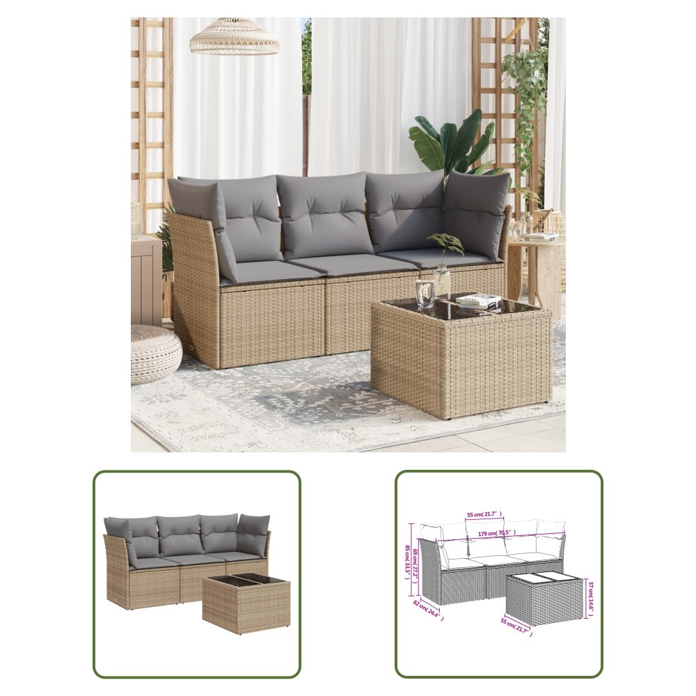 The Living Store 4-cz. zestaw mebli ogrodowych z poduszkami - beżowy - polirattan - Sofa Ogrodowa