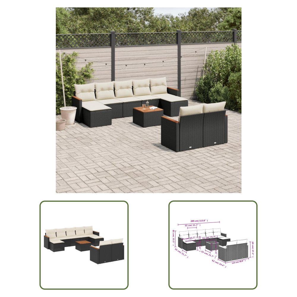 The Living Store 10-cz. zestaw wypoczynkowy do ogrodu - poduszki czarny rattan PE - Sofa Ogrodowa