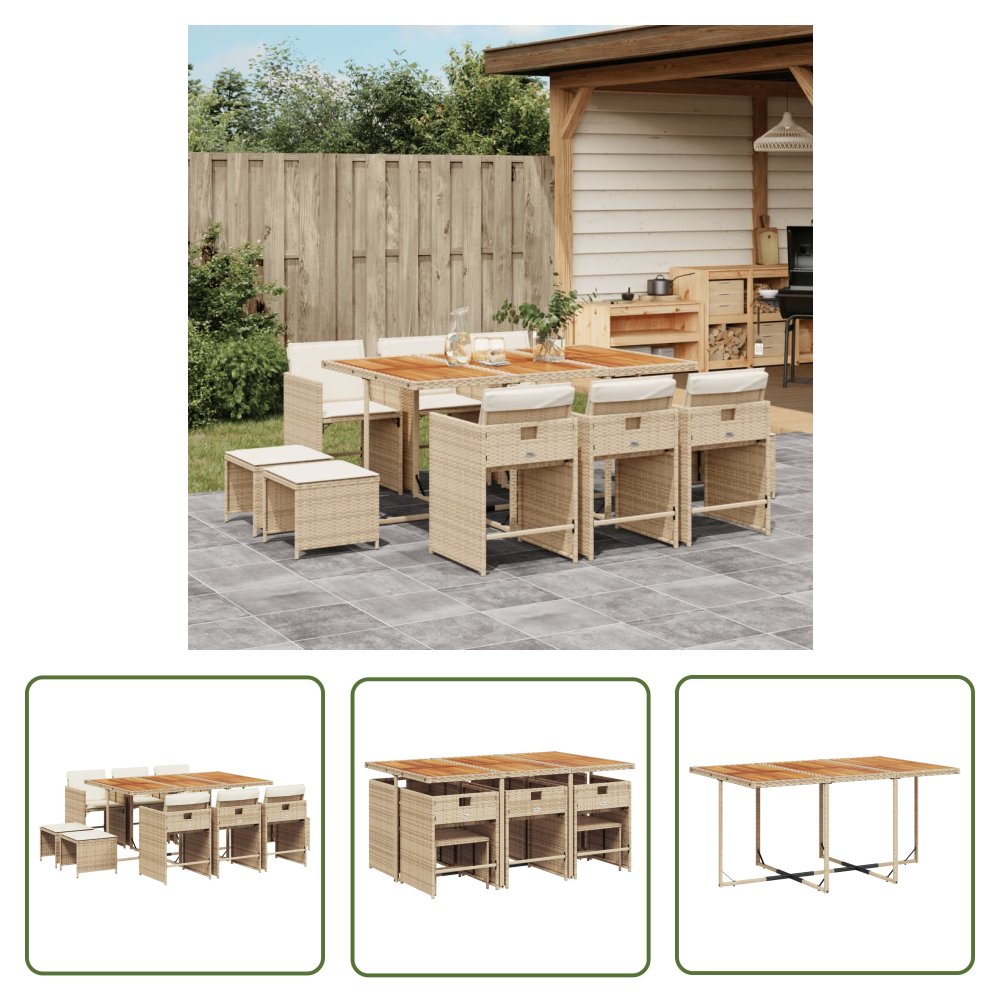 The Living Store 11-cz. zestaw mebli ogrodowych z poduszkami - beżowy - polirattan - Meble Ogrodowe