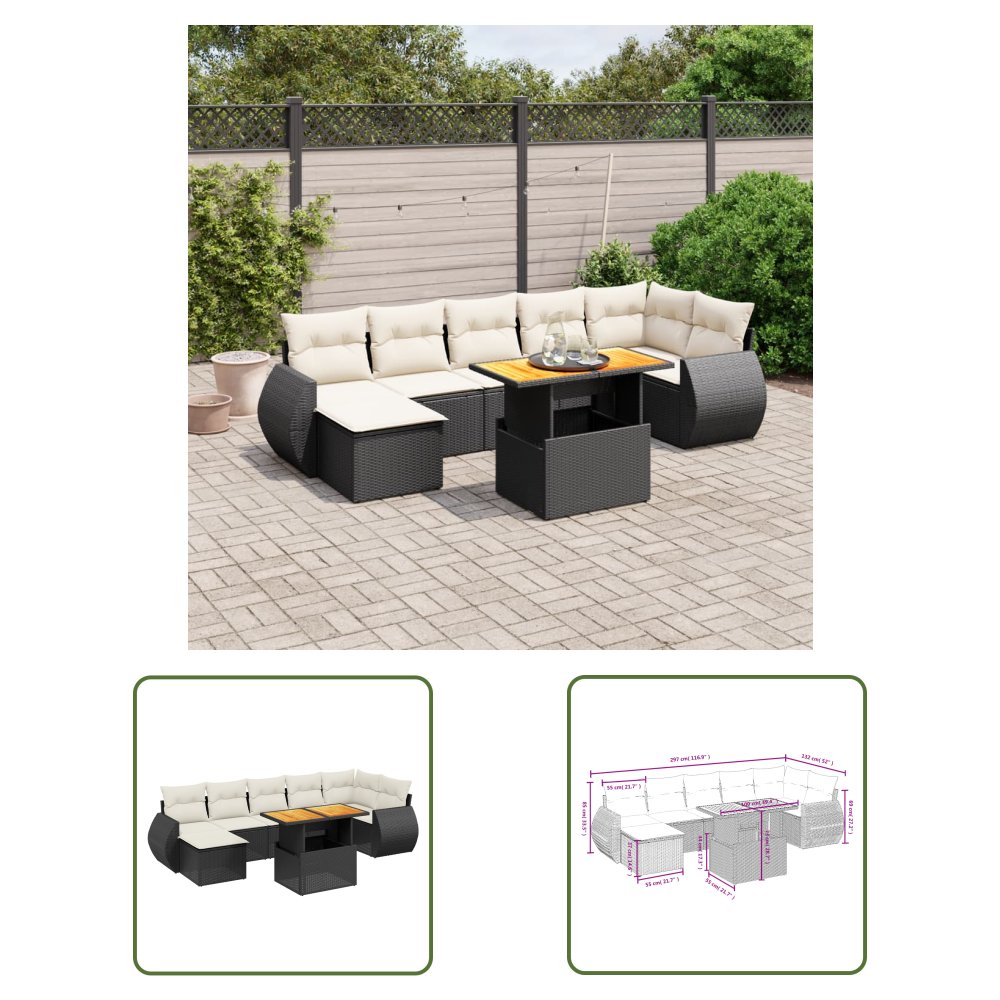 The Living Store 8-cz. zestaw wypoczynkowy do ogrodu - z poduszkami - czarny - Sofa Ogrodowa