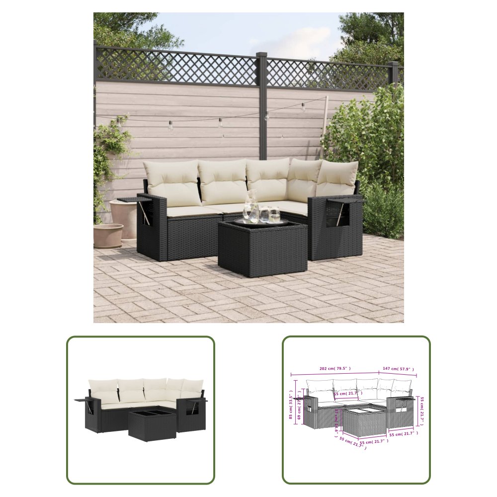 The Living Store 5-cz. zestaw wypoczynkowy do ogrodu - poduszki - czarny rattan PE - Sofa Ogrodowa