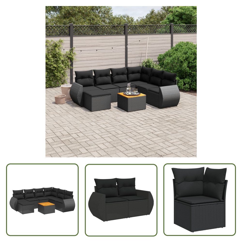 The Living Store 8-cz. zestaw wypoczynkowy do ogrodu - z poduszkami - czarny - Sofa Ogrodowa