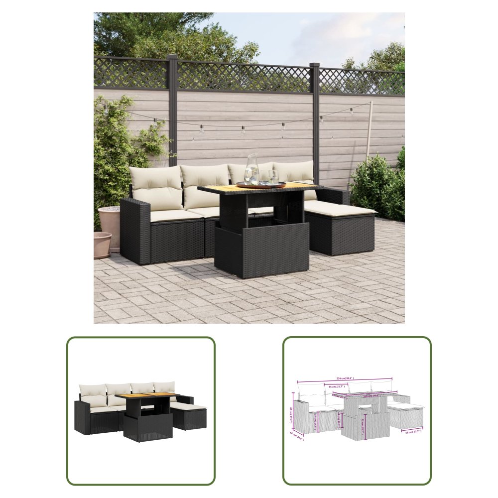 The Living Store 6-cz. zestaw mebli ogrodowych z poduszkami - czarny polirattan - Sofa Ogrodowa