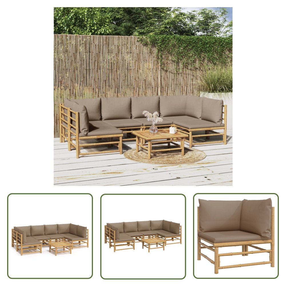 The Living Store 7-cz. zestaw mebli do ogrodu - poduszki w kolorze taupe - bambus - Zestaw Wypoczynkowy Do Ogrodu