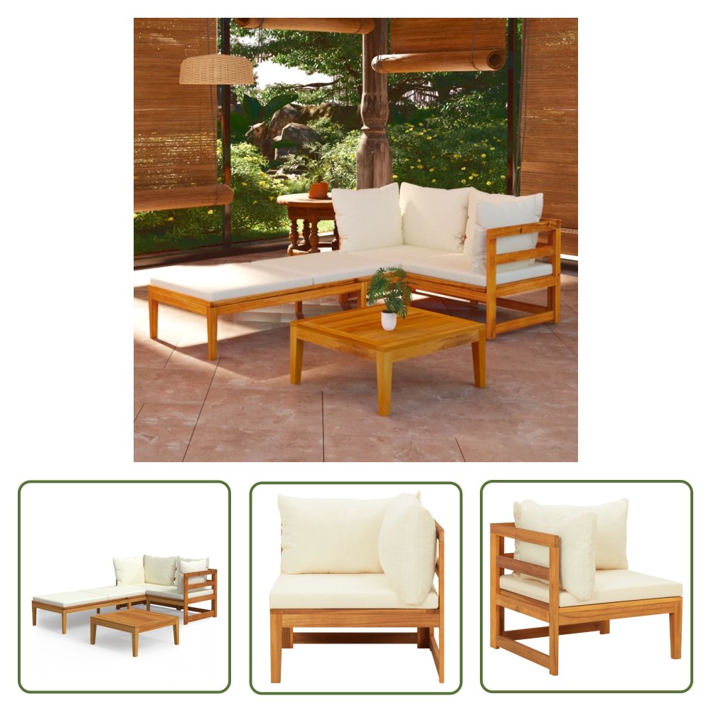 The Living Store 3-cz. zestaw wypoczynkowy do ogrodu - kremowe poduszki - akacja - Zestaw Mebli