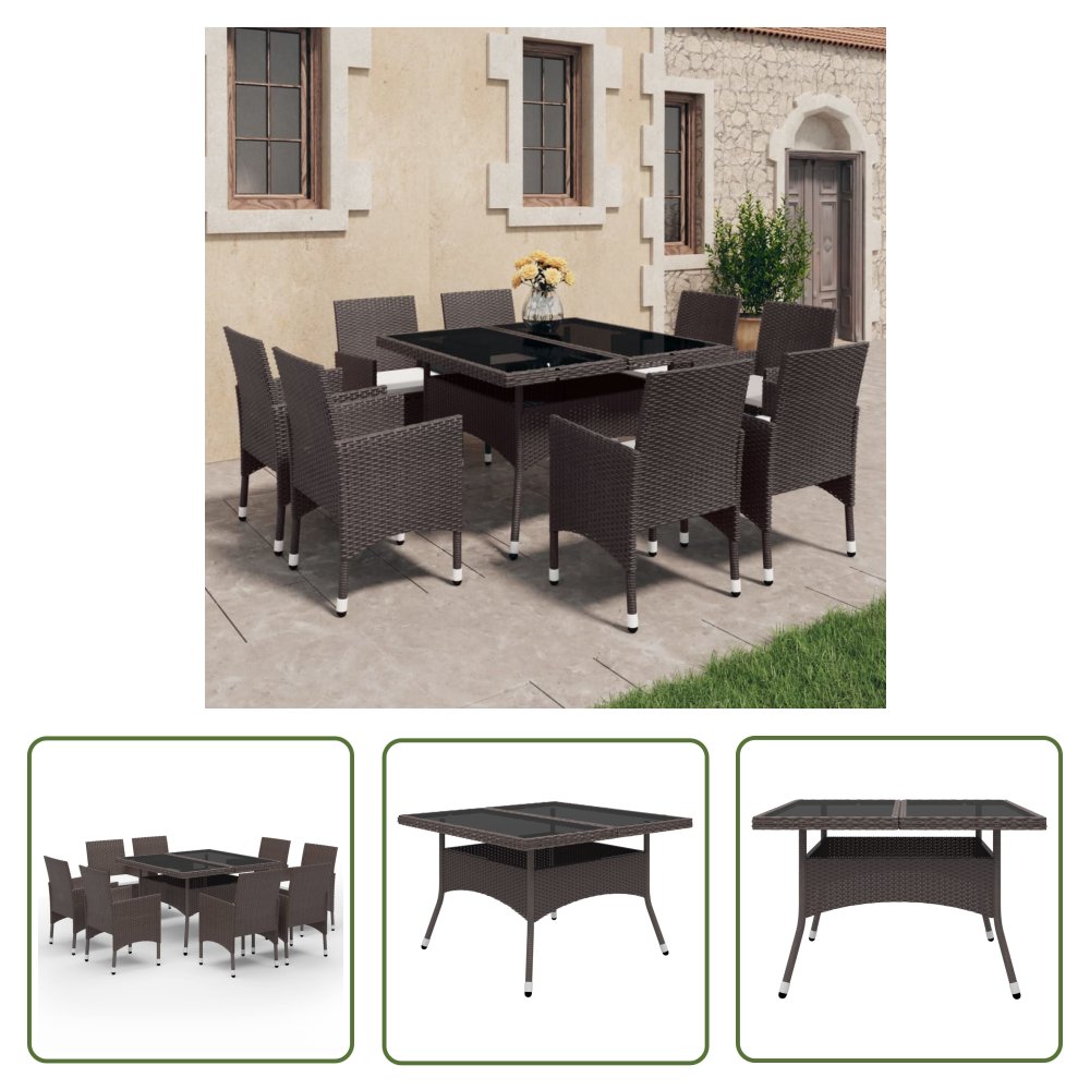The Living Store 9-cz. zestaw mebli ogrodowych - polirattan i szkło - brązowy - Zestaw Jadalniany