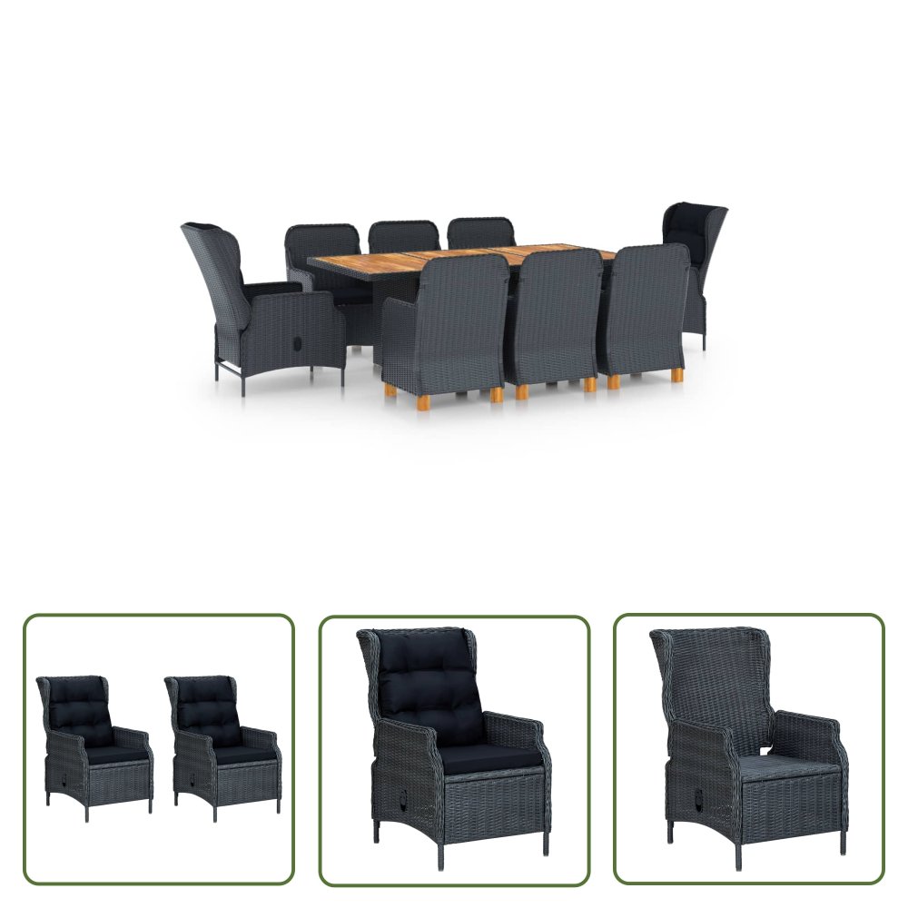 The Living Store 9-cz. zestaw mebli ogrodowych - poduszki - rattan PE - ciemnoszary - Zestaw Jadalniany Na Zewnątrz
