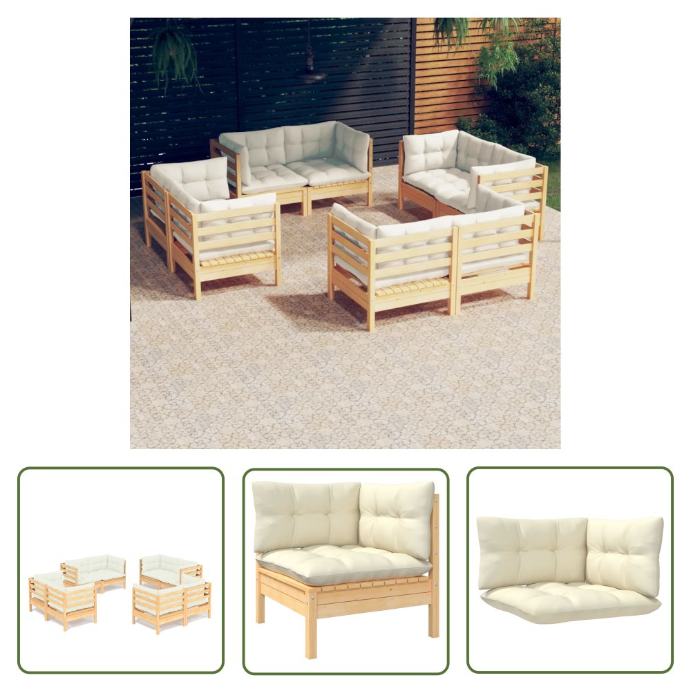 The Living Store 8-cz. zestaw wypoczynkowy do ogrodu - kremowe poduszki - sosnowy - Zestaw Mebli Ogrodowych