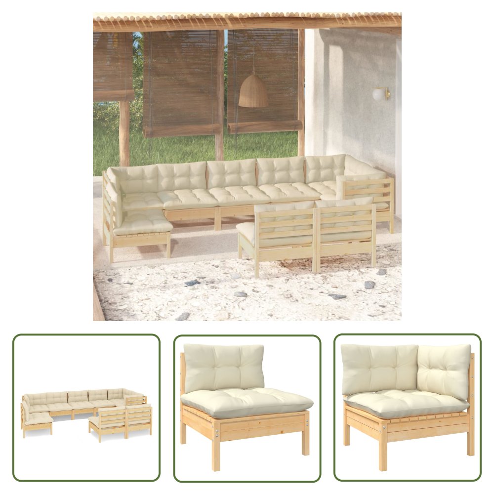 The Living Store 9-cz. zestaw wypoczynkowy do ogrodu - kremowe poduszki - sosnowy - Zestaw Wypoczynkowy Do Ogrodu