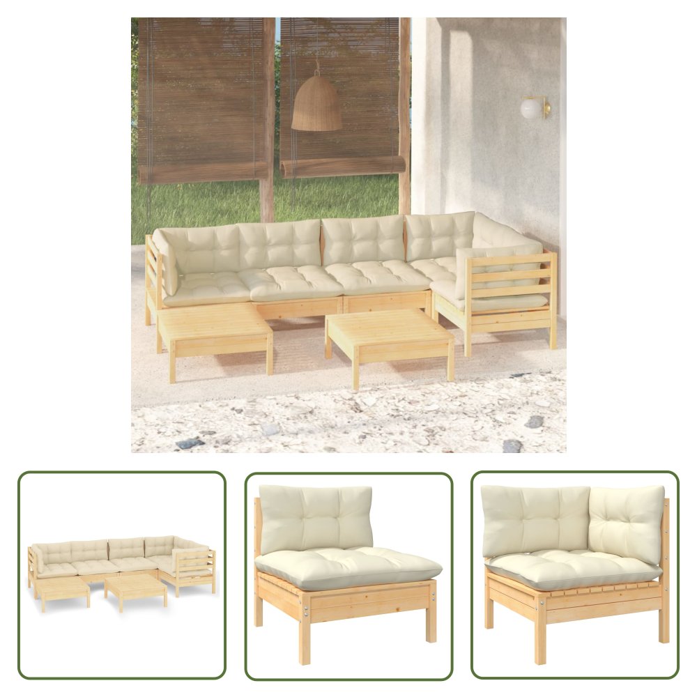 The Living Store 7-cz. zestaw wypoczynkowy do ogrodu - kremowe poduszki - sosnowy - Zestaw Wypoczynkowy Do Ogrodu