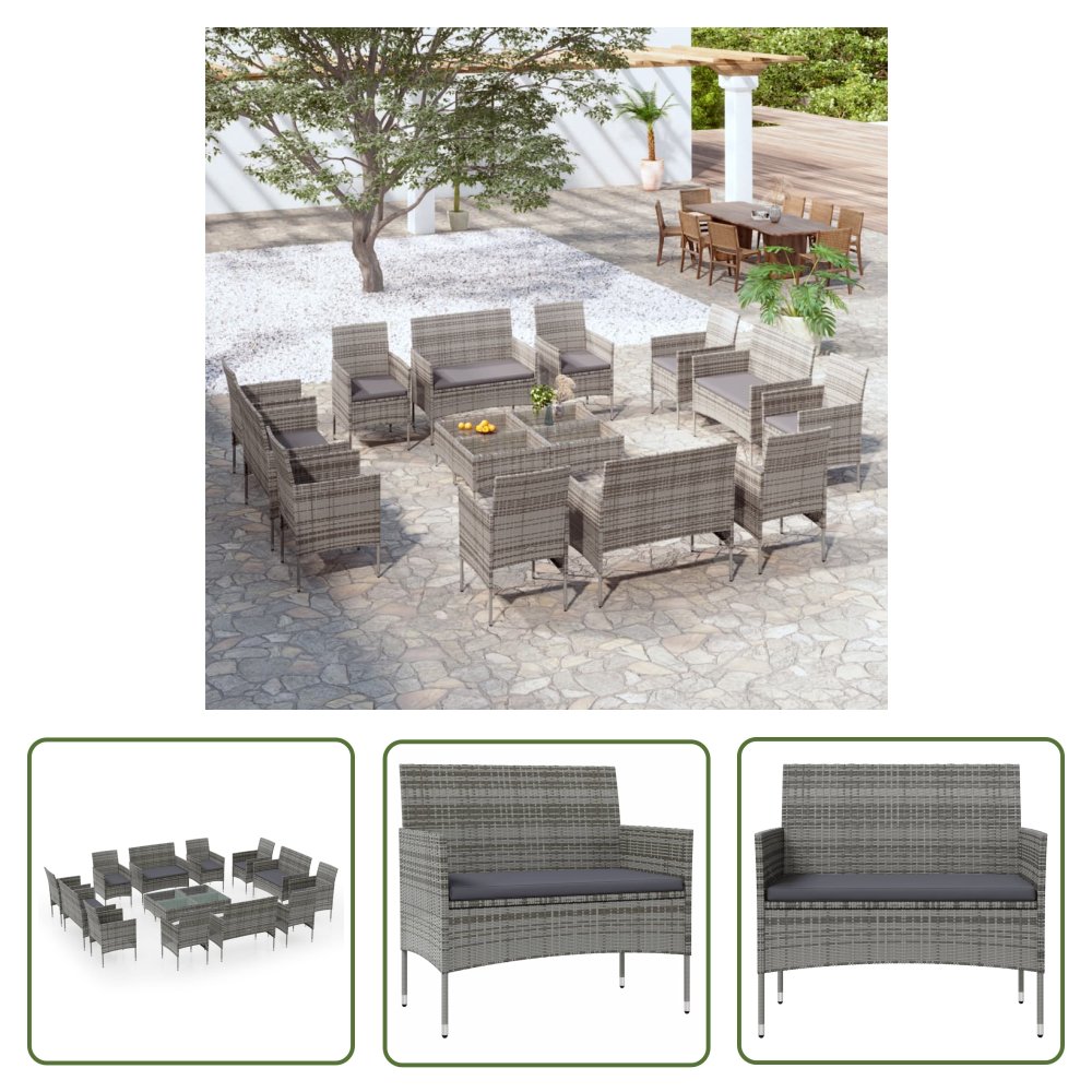 The Living Store 16-cz. zestaw wypoczynkowy do ogrodu - poduszki - szary rattan PE - Zestaw Wypoczynkowy Do Ogrodu