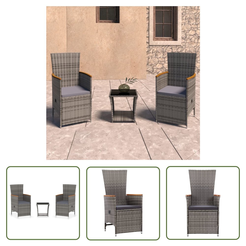 The Living Store 3-cz. zestaw wypoczynkowy do ogrodu - poduszki - rattan PE - szary - Komplet Mebli Ogrodowych