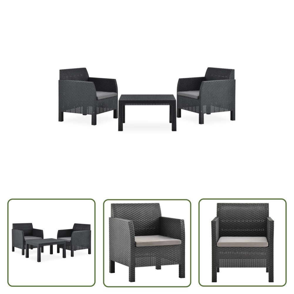 The Living Store 3-cz. zestaw wypoczynkowy - poduszki - rattan PP - antracyt - Komplet Mebli Ogrodowych
