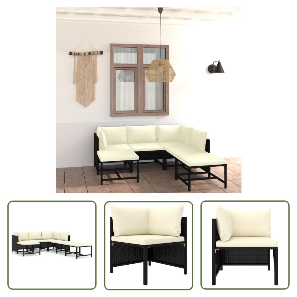 The Living Store 7-cz. zestaw wypoczynkowy do ogrodu - poduszki - rattan PE czarny - Ogrodowy Zestaw Wypoczynkowy