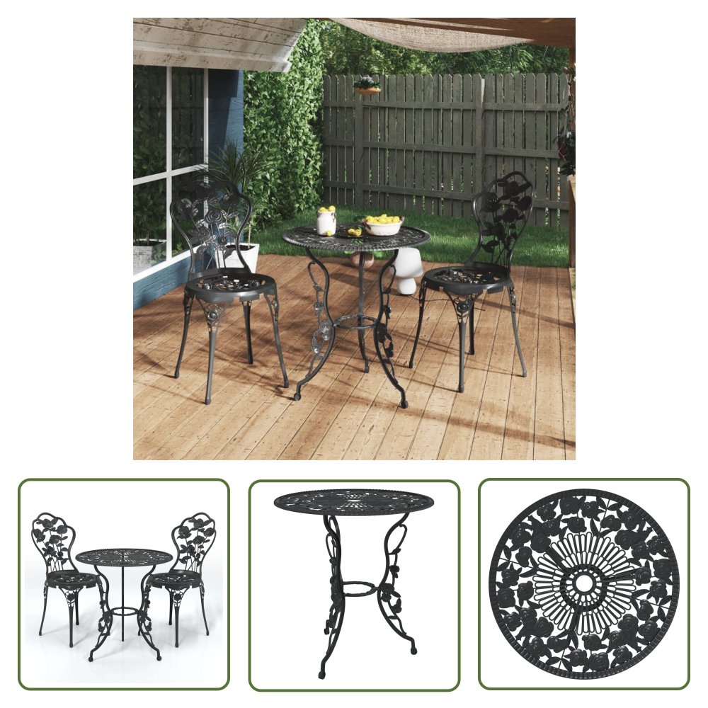 The Living Store 3-cz. zestaw mebli bistro ze stopu aluminium - czarny - Zestaw Bistro