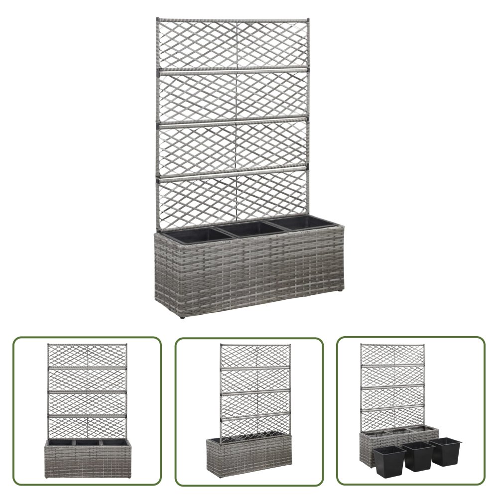 The Living Store Donica z kratką i 3 wkładami - 83x30x130 cm - polirattan - szara - Podwyższona Donica