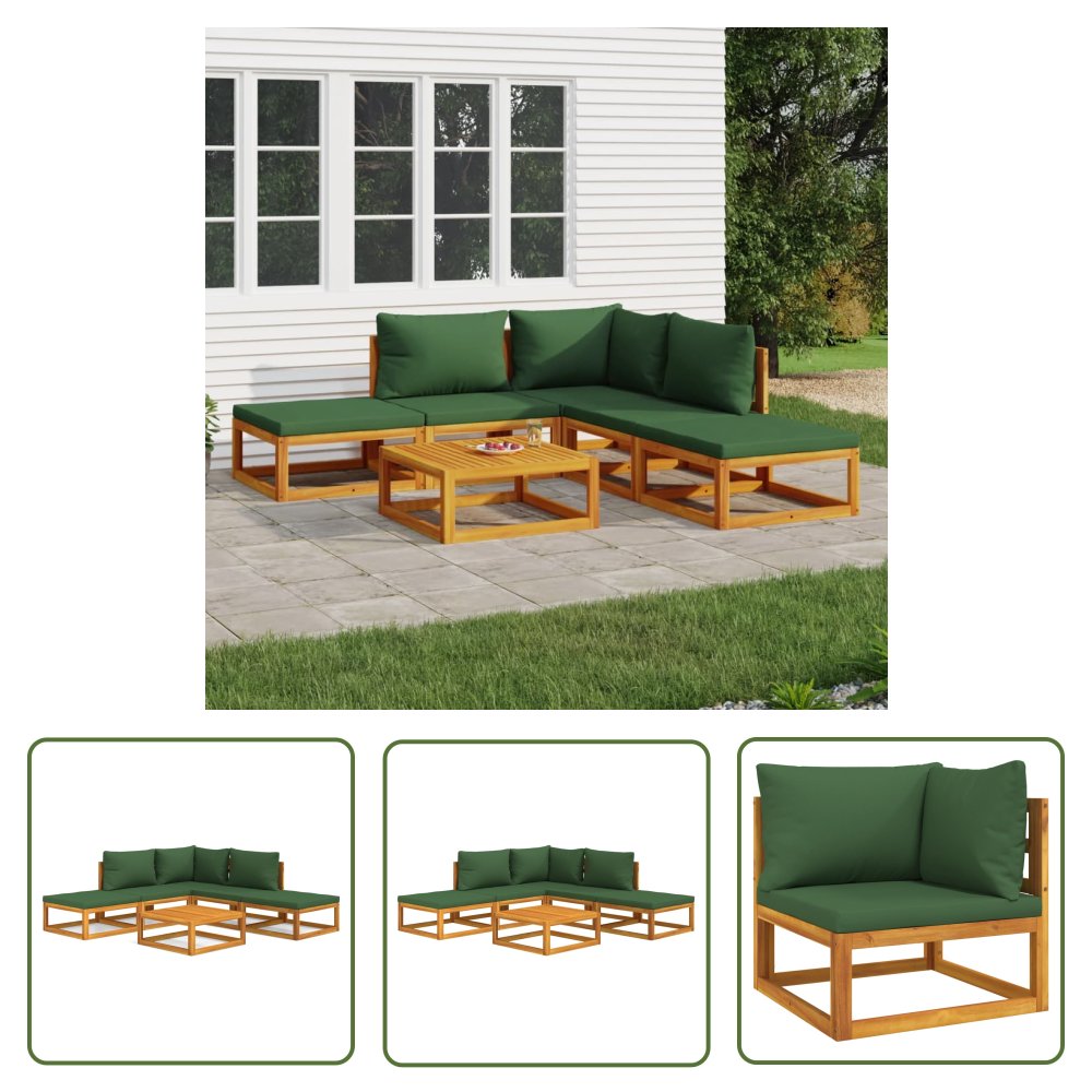 The Living Store 6-cz. ogrodowy zestaw wypoczynkowy - zielone poduszki - drewno - Zestaw Wypoczynkowy Do Ogrodu