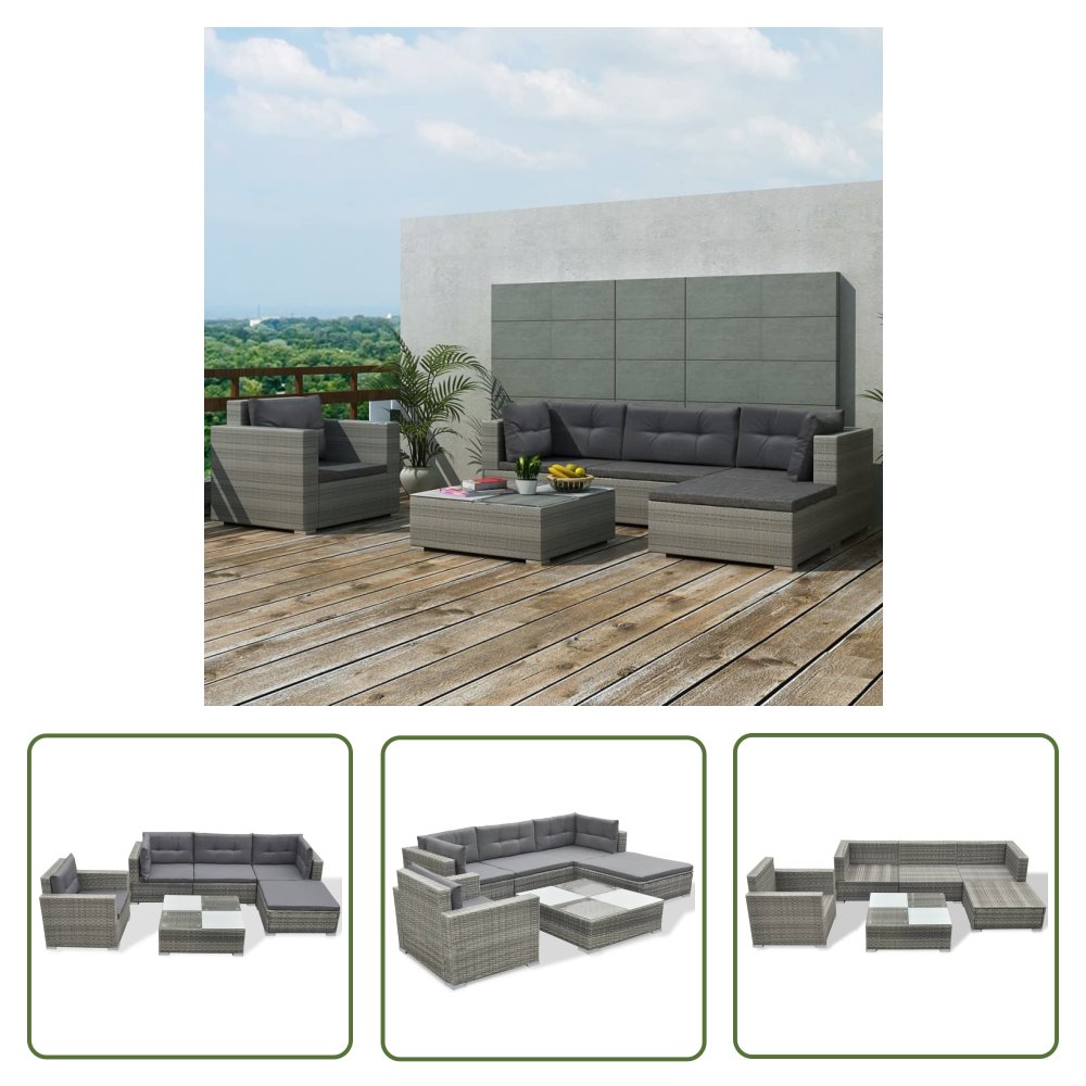The Living Store 6-cz. zestaw wypoczynkowy do ogrodu - poduszki - rattan PE - szary - Sofa Ogrodowa I Stół
