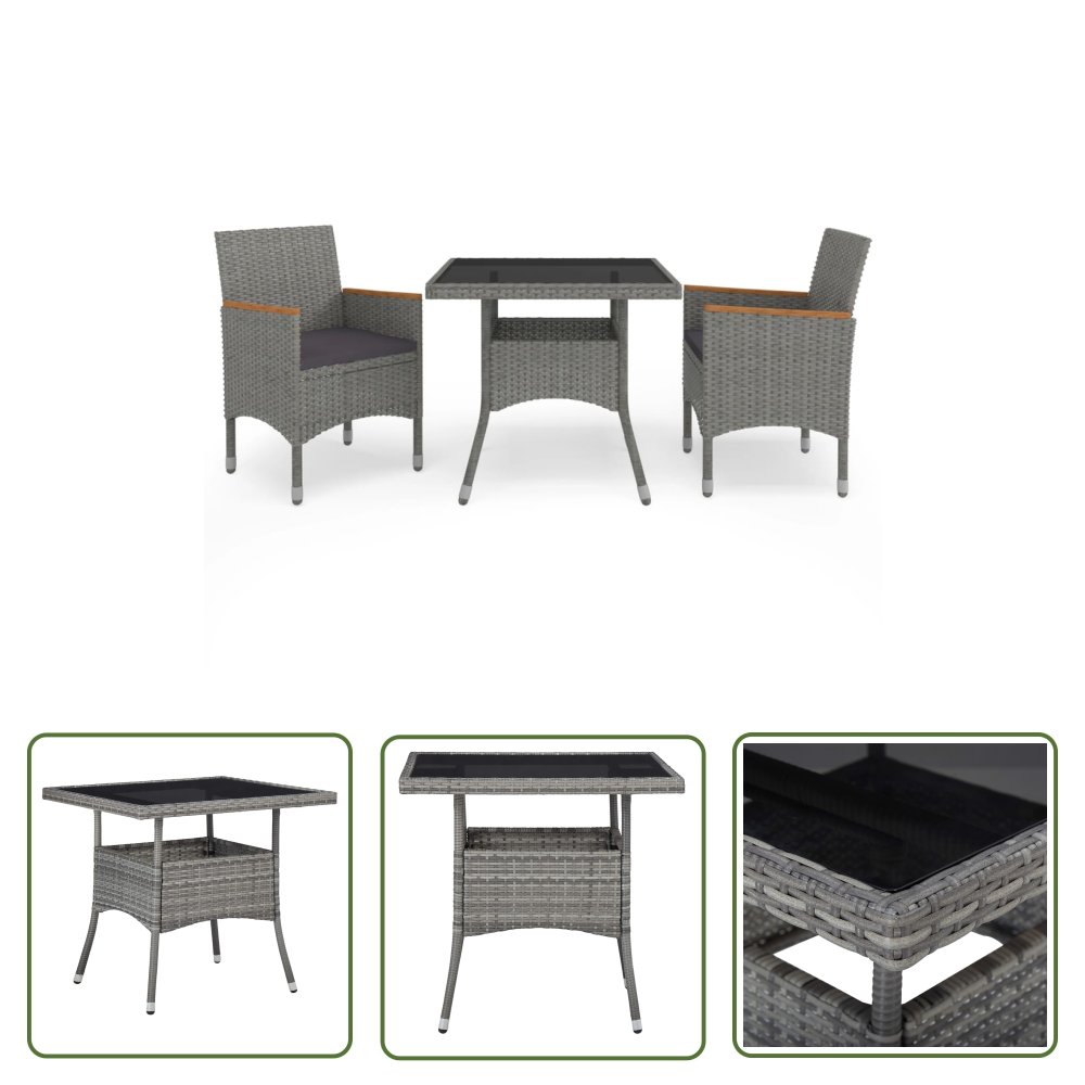 The Living Store 3-częściowy zestaw mebli ogrodowych - szary - polirattan i akacja - Zestaw Jadalniany