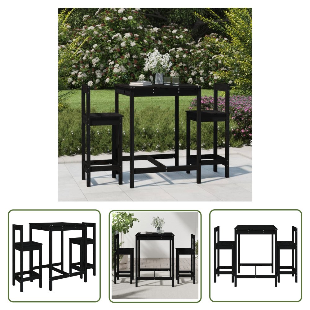 The Living Store 3-cz. zestaw mebli barowych do ogrodu - czarny - drewno sosnowe - Zestaw Mebli Barowych Do Ogrodu