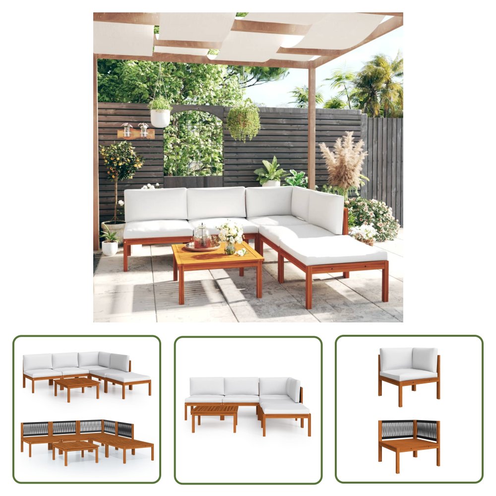 The Living Store 6-cz. zestaw wypoczynkowy do ogrodu - kremowe poduszki - akacja - Meble Wypoczynkowe Do Ogrodu