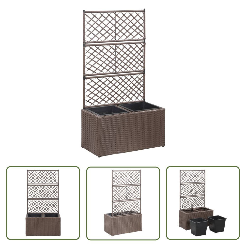 The Living Store Donica z kratką i 2 wkładami - 58x30x107 cm - polirattan - brązowa - Podwyższona Donica