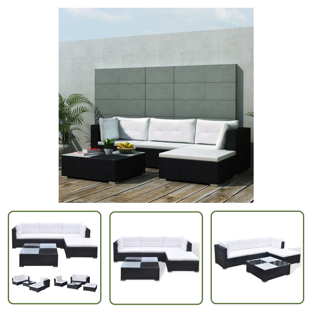 The Living Store 5-cz. zestaw mebli do ogrodu - poduszki - rattan PE - czarny - Sofa Ogrodowa I Stół