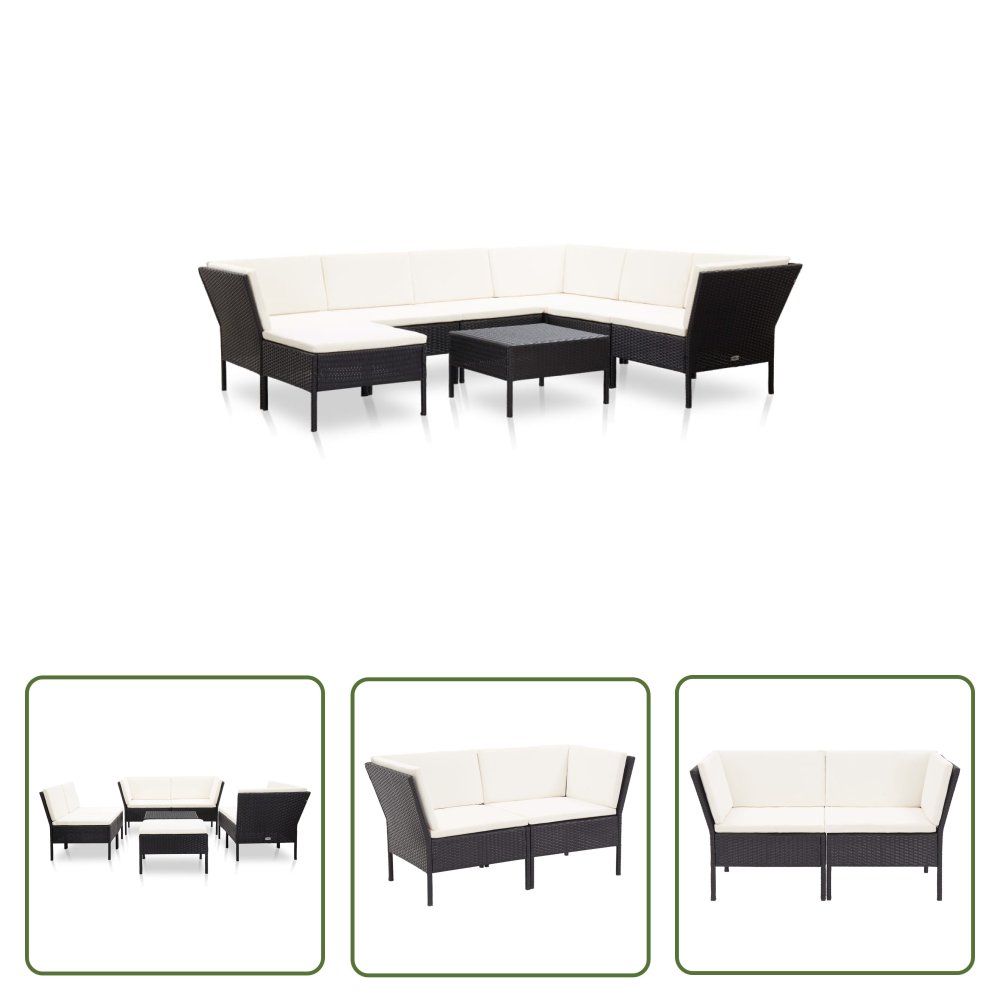 The Living Store 8-cz. zestaw wypoczynkowy do ogrodu - poduszki - czarny rattan PE - Sofa Ogrodowa I Stół