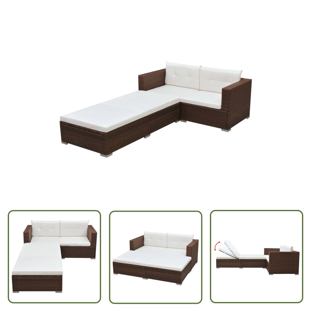 The Living Store 3-cz. zestaw wypoczynkowy do ogrodu - poduszki - rattan PE - brąz - Sofa Ogrodowa