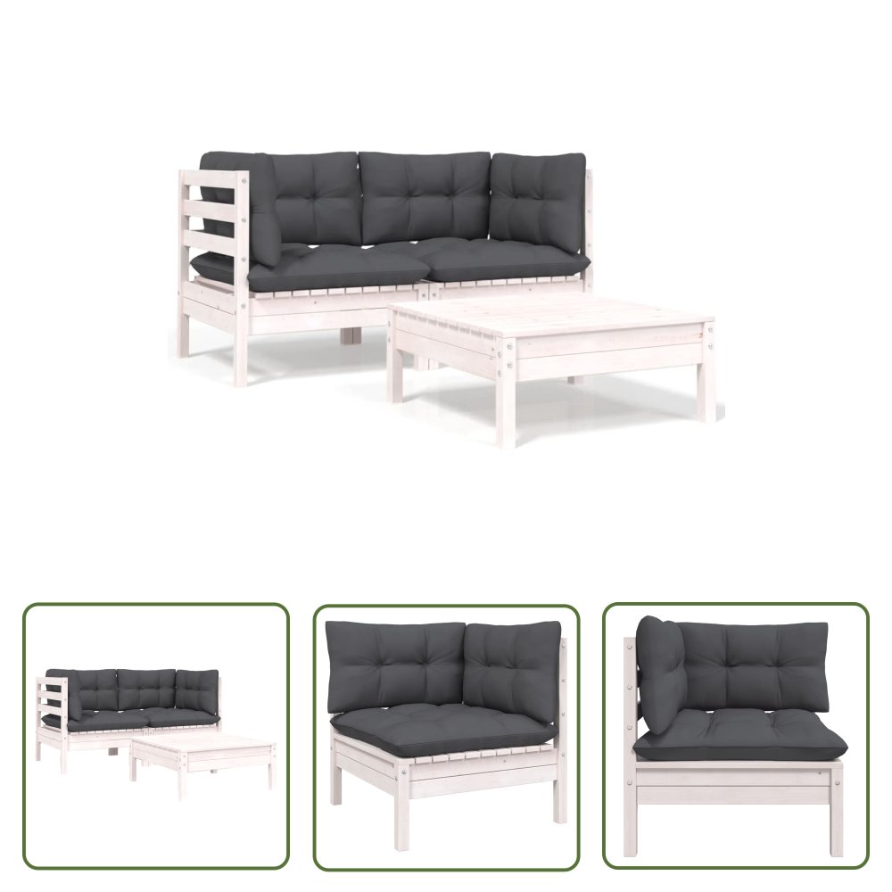 The Living Store 3-cz. zestaw wypoczynkowy do ogrodu - z poduszkami - biała sosna - Zestaw Wypoczynkowy Do Ogrodu