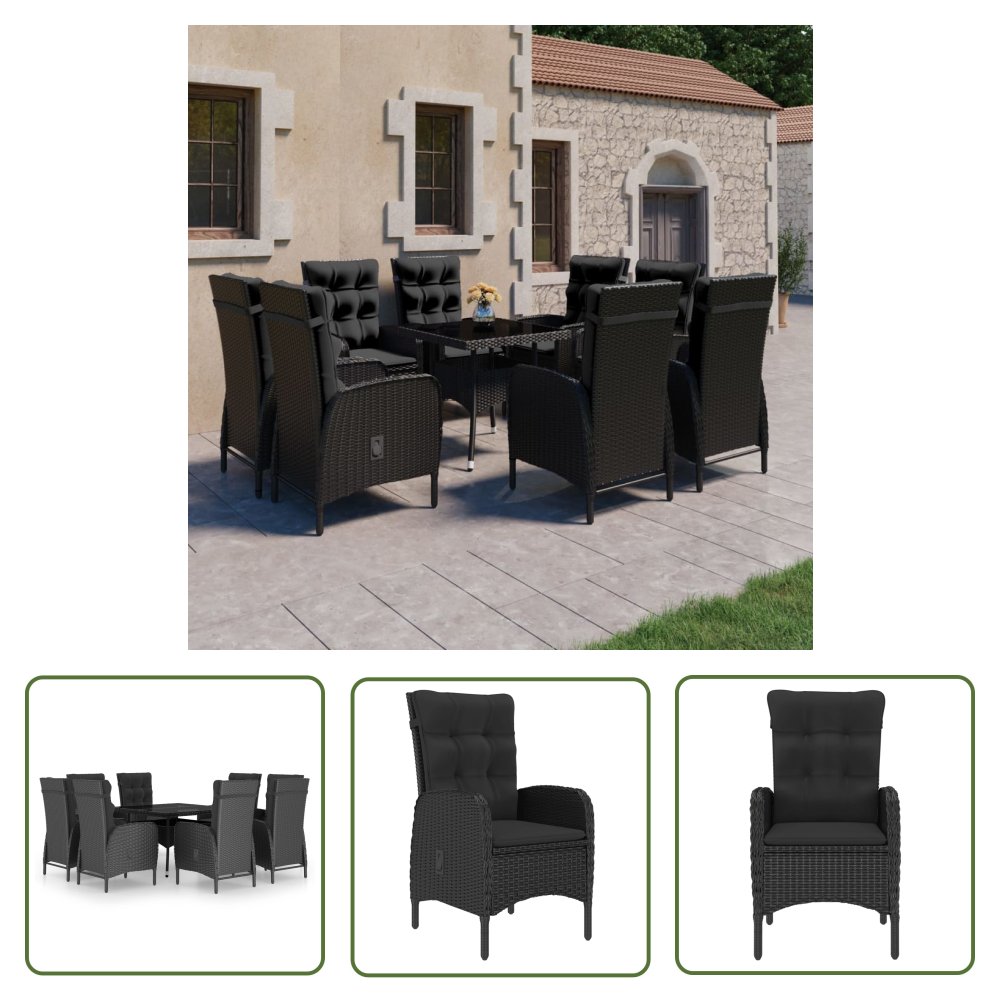 The Living Store 9-cz. zestaw mebli ogrodowych - polirattan i szkło - czarny - Zestaw Ogrodowych Mebli Jadalnianych