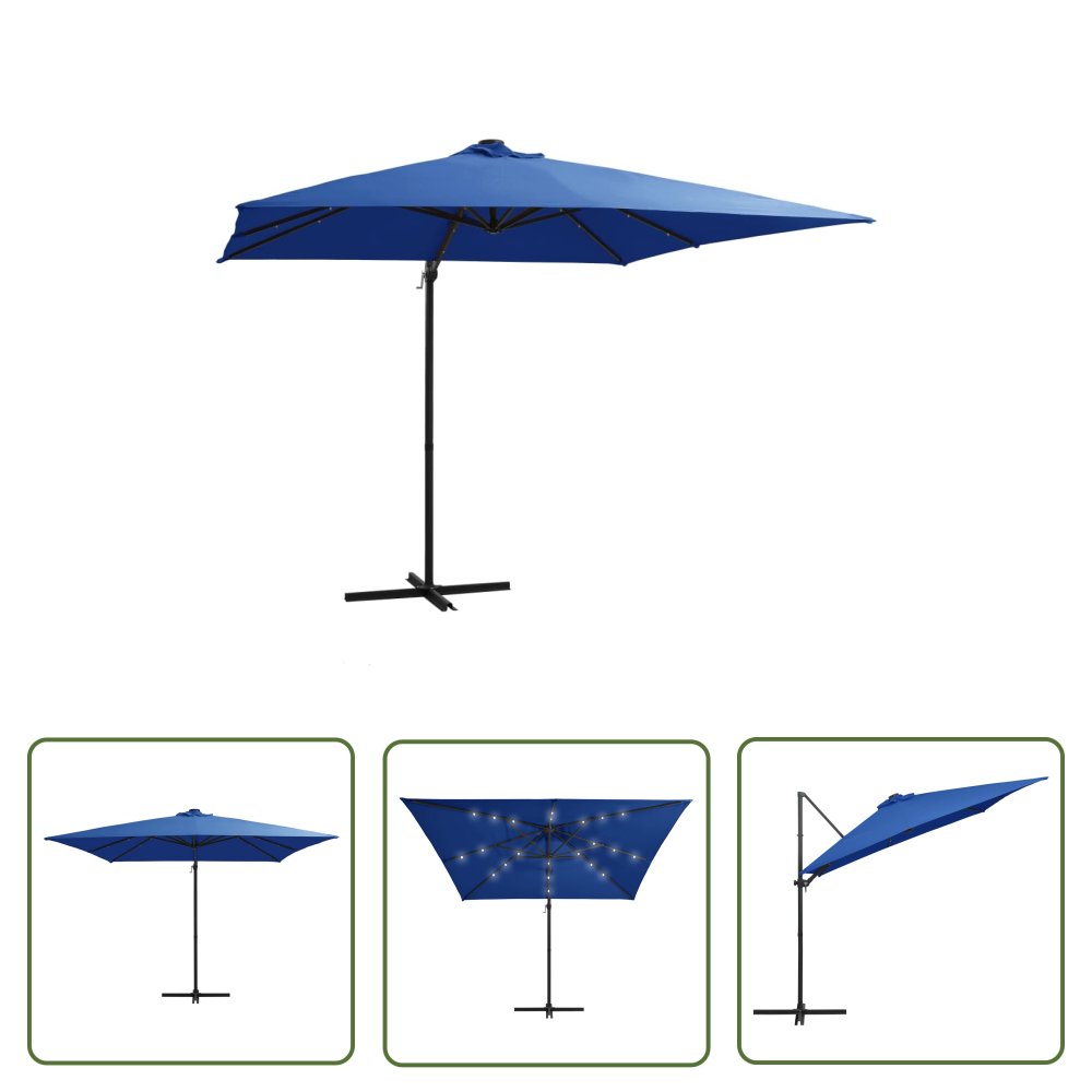 The Living Store Parasol wiszący z LED i stalowym słupkiem 250x250 cm - niebieski - Parasol Wiszący