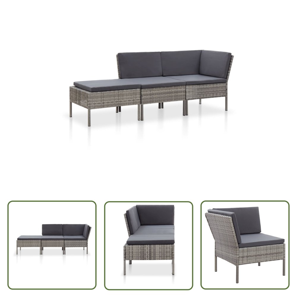 The Living Store 3-cz. zestaw wypoczynkowy do ogrodu - poduszki - rattan PE - szary - Sofa Ogrodowa I Stolik