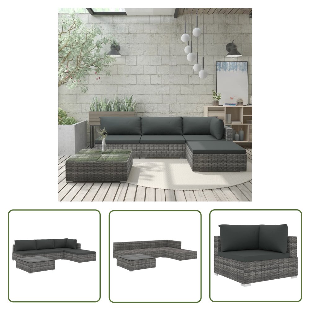The Living Store 5-cz. zestaw wypoczynkowy do ogrodu - poduszki - rattan PE - szary - Sofa Ogrodowa I Stół