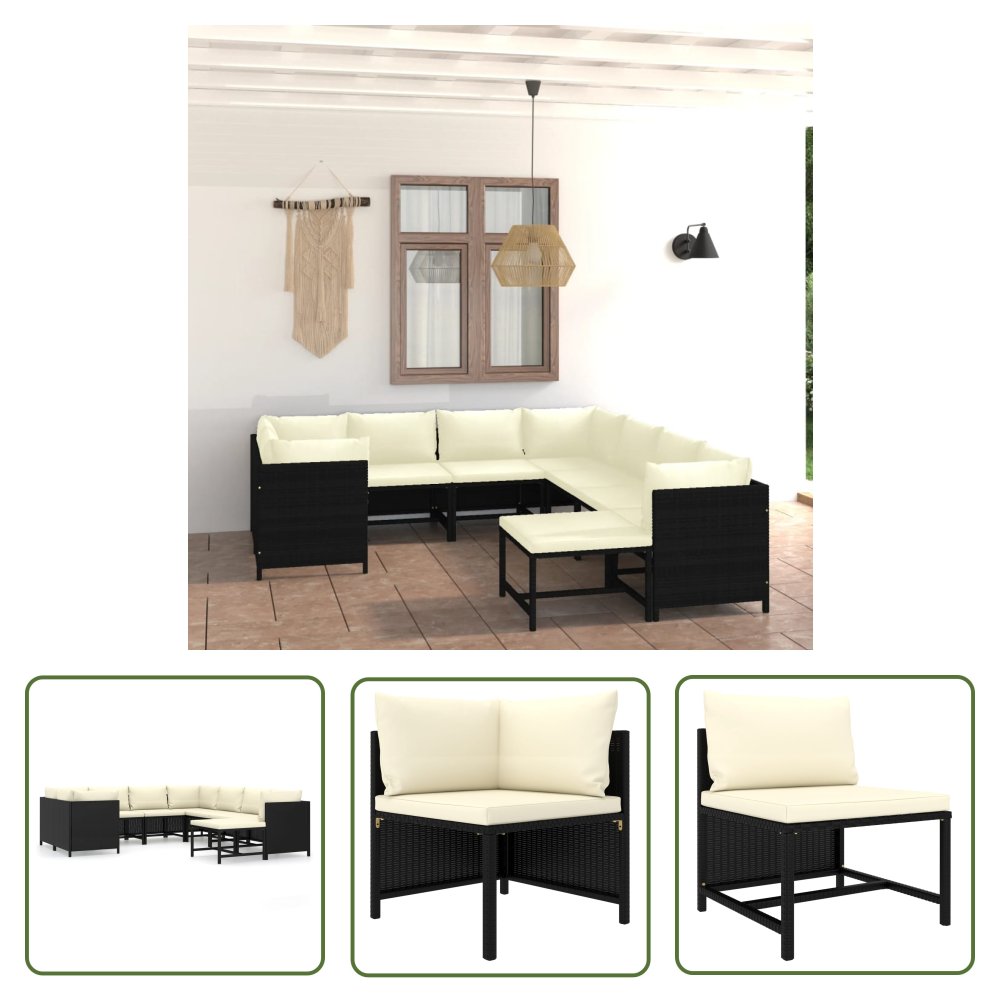 The Living Store 9-cz. zestaw wypoczynkowy do ogrodu - poduszki - rattan PE czarny - Ogrodowy Zestaw Wypoczynkowy