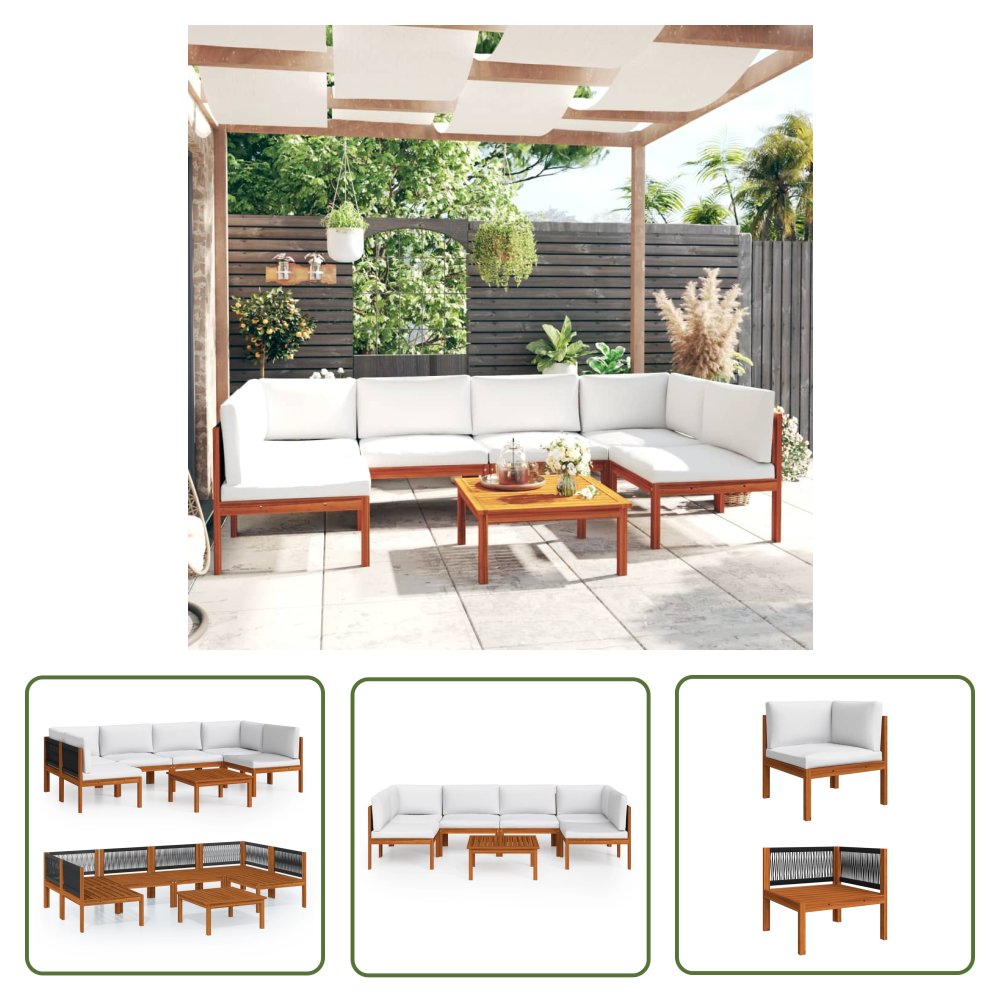 The Living Store 7-cz. zestaw wypoczynkowy do ogrodu - kremowe poduszki - akacja - Meble Wypoczynkowe Do Ogrodu