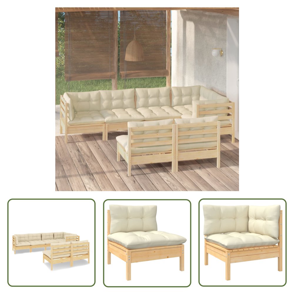 The Living Store 7-cz. zestaw wypoczynkowy do ogrodu - kremowe poduszki - sosnowy - Zestaw Wypoczynkowy Do Ogrodu