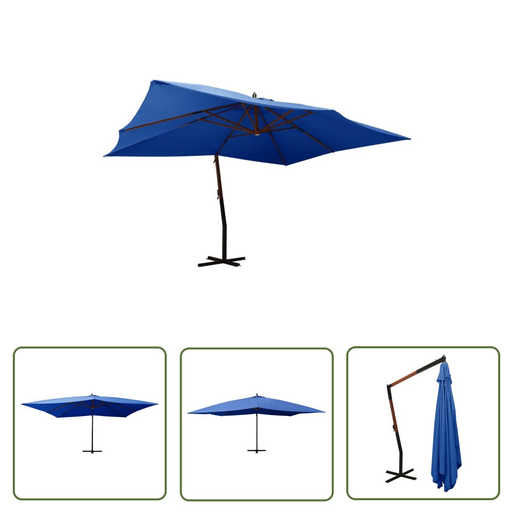 The Living Store Wiszący parasol z drewnianym słupkiem - 400x300 cm - niebieski - Parasol Wiszący