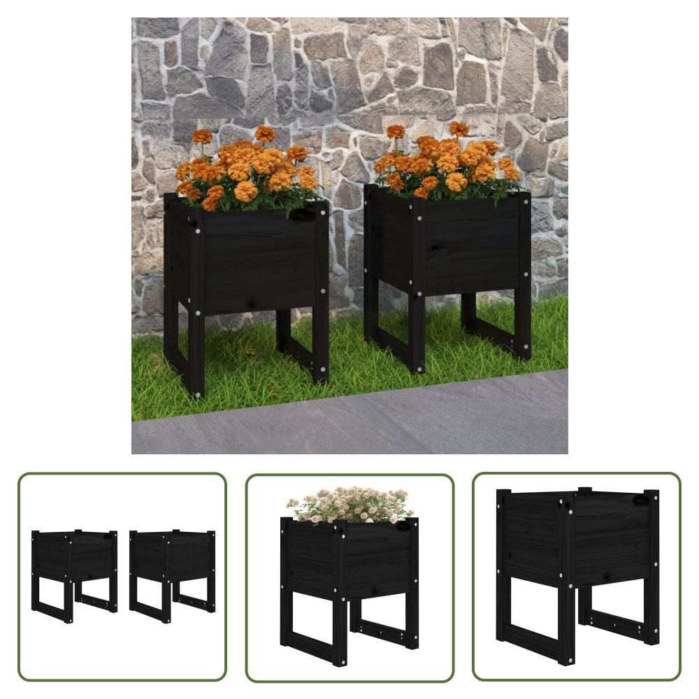 The Living Store Donice - 2 szt. - czarny - 40x40x52 -5 cm - lite drewno sosnowe - Donica Ogrodowa