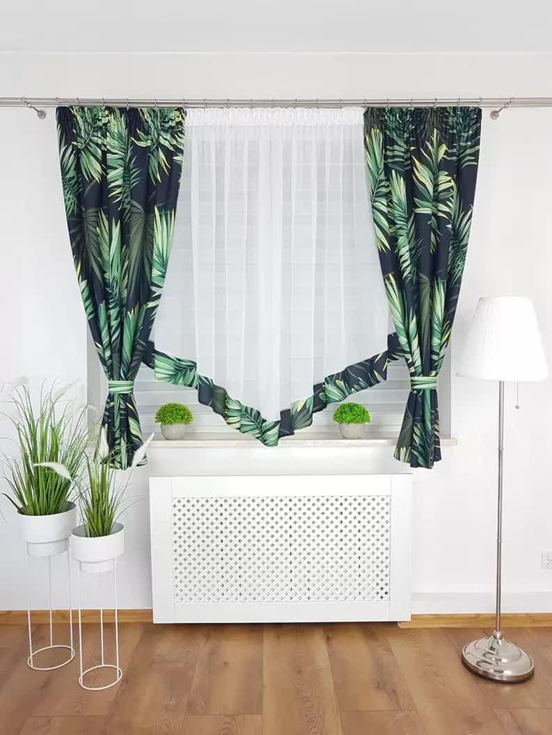 Firanka z zasłonami w ciemnozielone liście, monstera, firana na taśmie