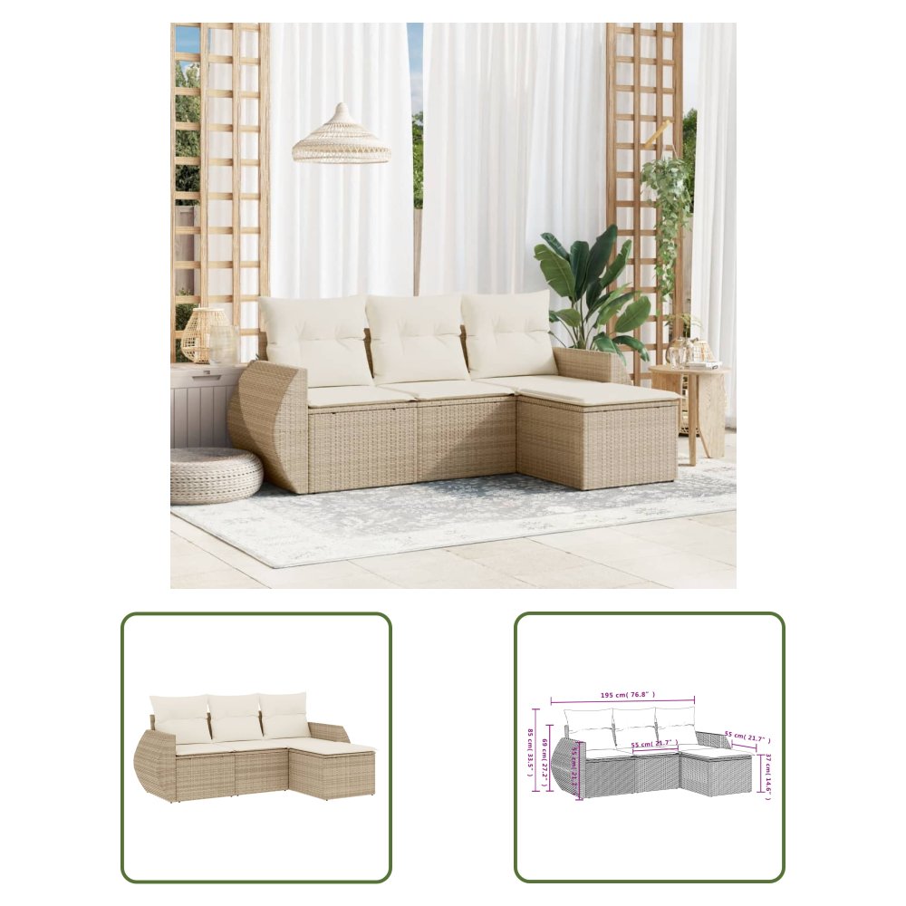 The Living Store 4-cz. zestaw mebli ogrodowych z poduszkami - beżowy - polirattan - Sofa Ogrodowa