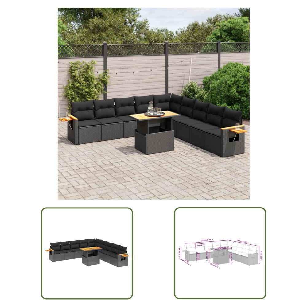 The Living Store 11-cz. zestaw wypoczynkowy do ogrodu - poduszki czarny rattan PE - Sofa Ogrodowa
