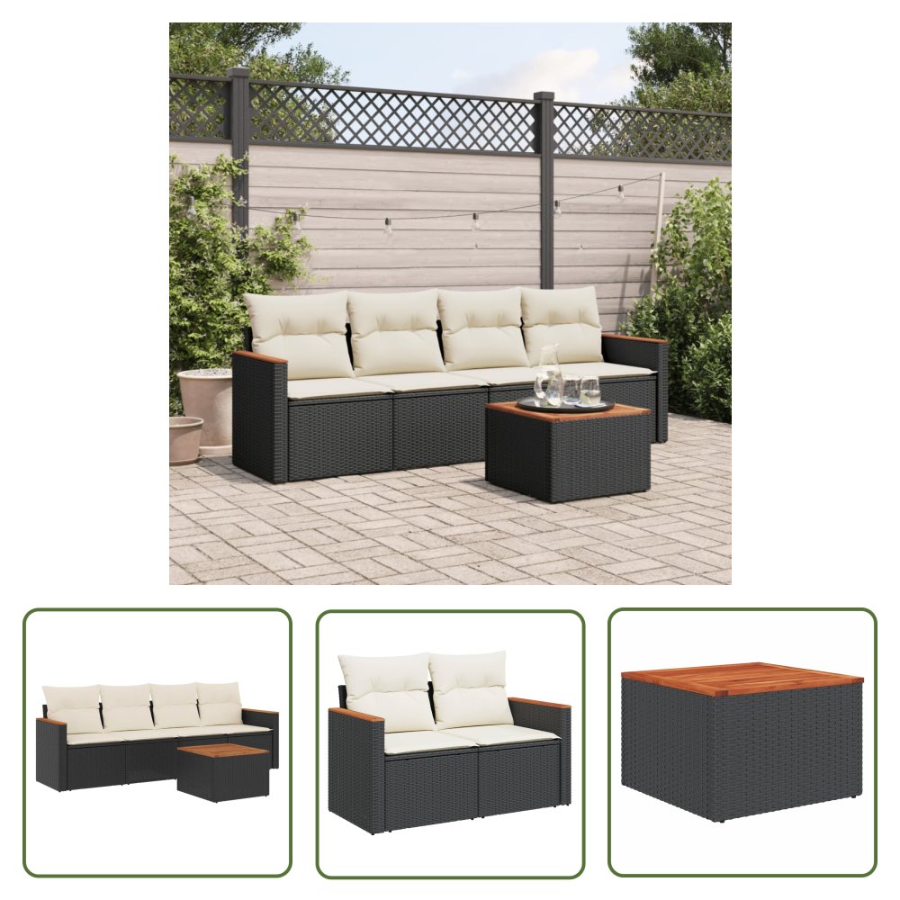 The Living Store 5-cz. zestaw wypoczynkowy do ogrodu - poduszki - czarny rattan PE - Sofa Ogrodowa