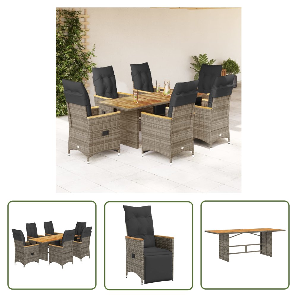 The Living Store 7-cz. zestaw mebli bistro z poduszkami - szary - polirattan - Meble Ogrodow